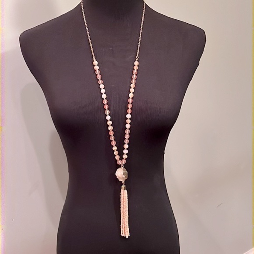 Pink Bead & Druzy Quartz Tassel Adjustable Necklace